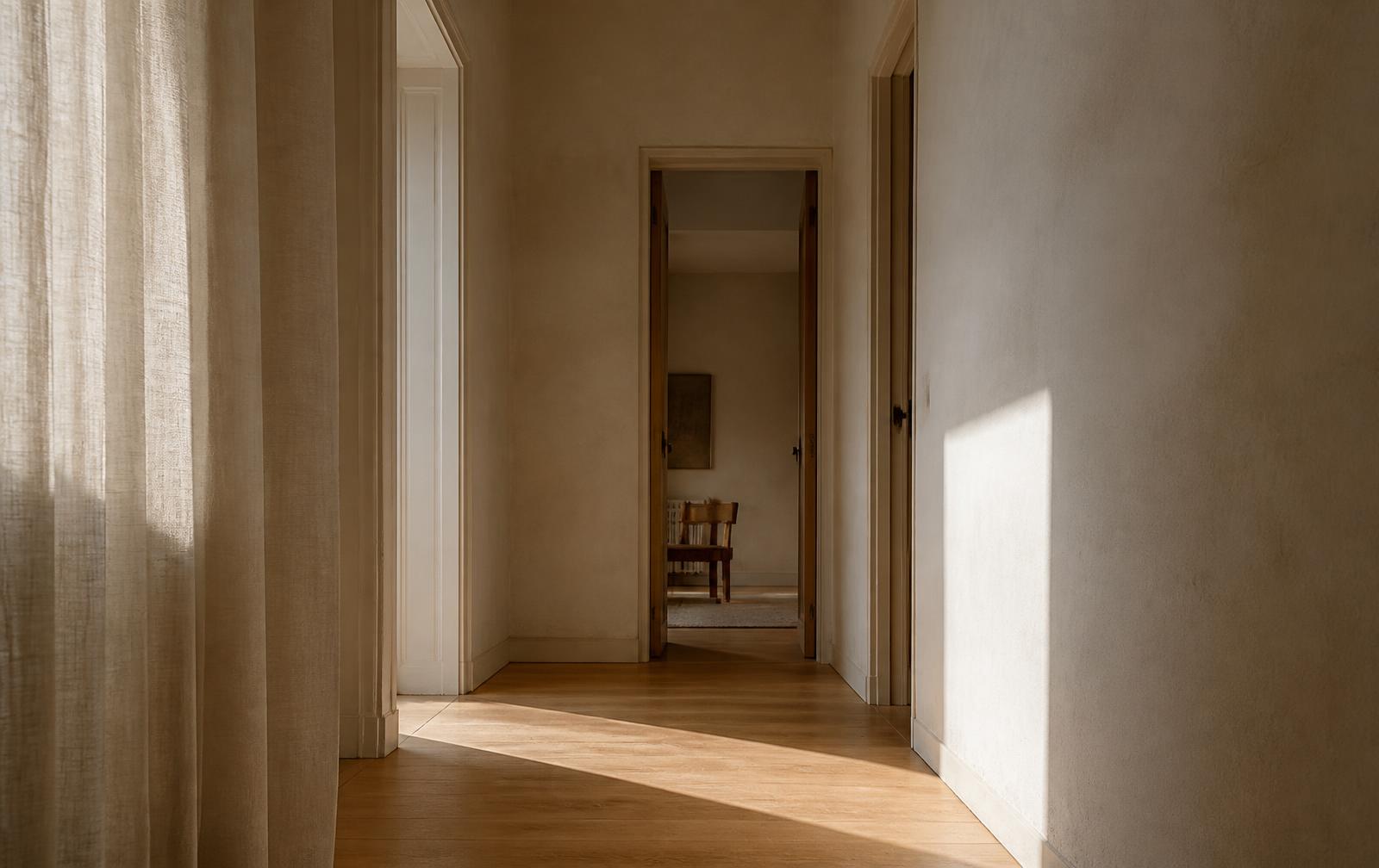 Corredor de casa portuguesa com luz natural sobre paredes claras e chão de madeira